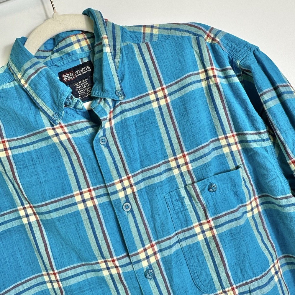 Faded Glory Mens Size M Aqua Turquoise Plaid Short Sleeve Button Front Shirt